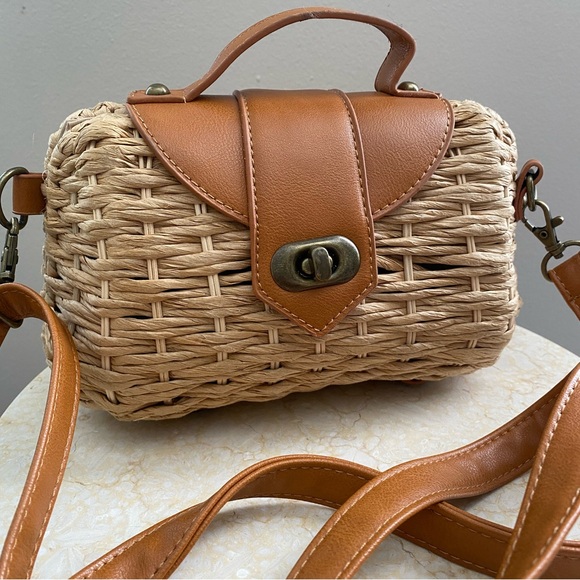 Handbags - Faux Leather and Raffia Small Crossbody Purse